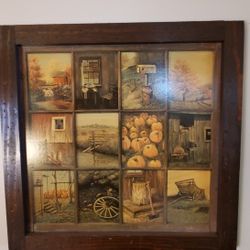 VTG Home Interiors Homco 12 Panel Rustic Window Pane Picture Autumn Harvest EUC

