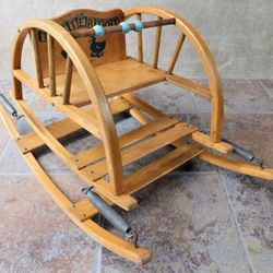 Mid Century Delphos Bentwood Teetertot Shoofly Toddler Rocker, Wooden Bouncer Seat, Child's Rocking Seat with Bead Bar