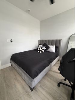 Queen Size Gray Upholstered Bed Frame