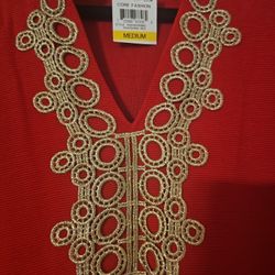 Charter Club Womens Red Lace Lurex Textured 3/4 Sleeve Tunic Top Plus Size M