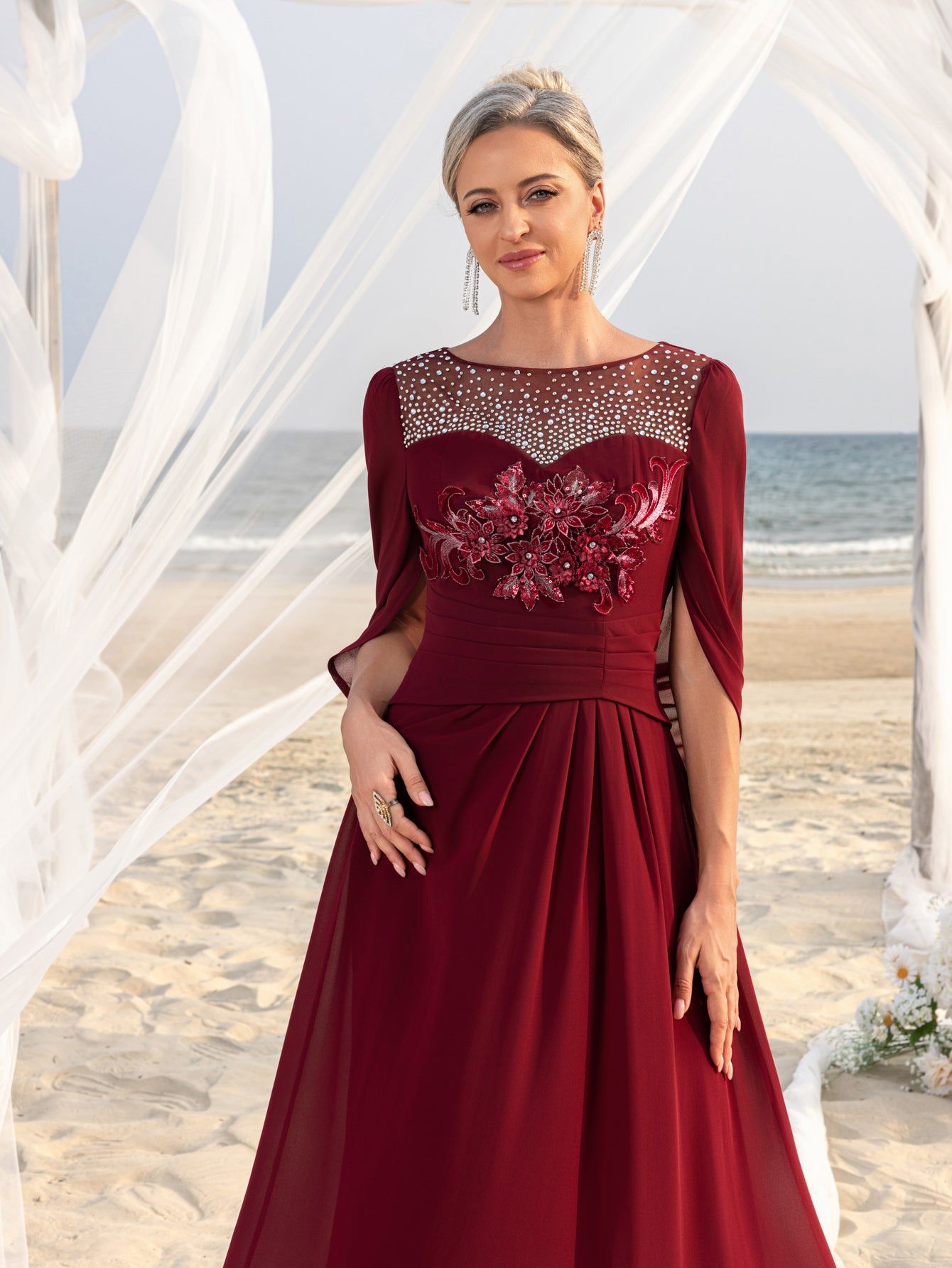 Elegant Burgundy Mother of the Bride Dress – Long Evening Gown with Beaded Illusion Neckline and Cape Sleeves-XS