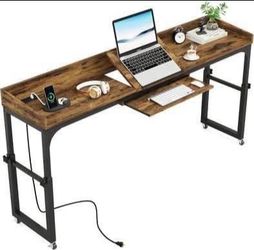 New Rolling Rustic Brown Industrial Desk with Adjustable Tilt Board for Home or Office