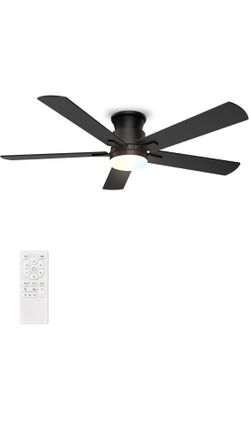 Ceiling Fans with Lights 52 Inch, Flush Mount, Remote Control, 3CCT Dimmable, 6 Speeds, Quiet Reversible DC Motor, Low Profile Hugger Ceiling Fan for 