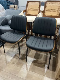 Set of 2 Mid Century Modern Retro Faux Leather Chair with Walnut Bentwood Upholstered Seat Metal Legs Chairs