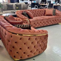 LUPINO ORANGE VELVET SOFA & LOVESEAT