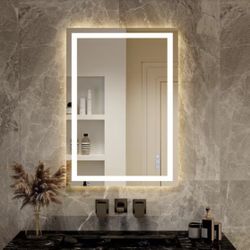 GLSLAND 26 in. W x 38 in. H LED Light Anti-Fog Rectangular Frameless Wall Bathroom Vanity Mirror White