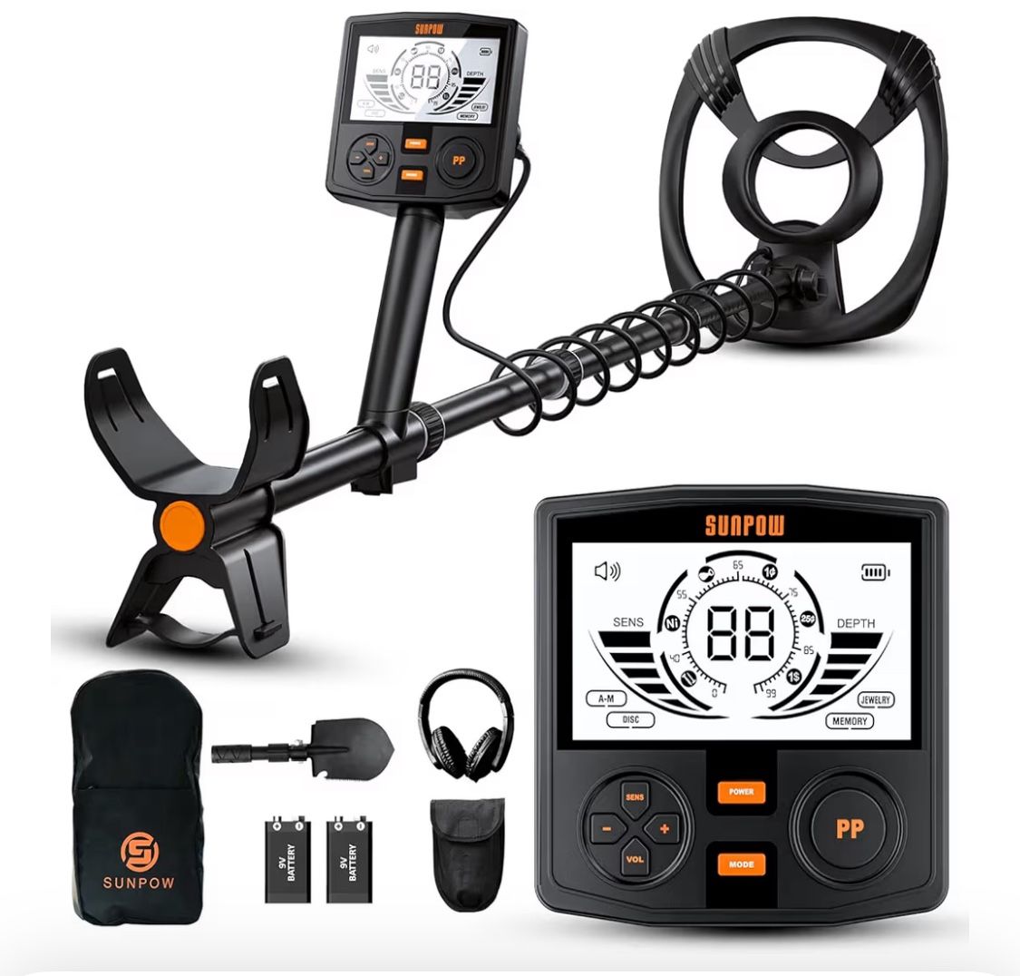 SUNPOW Metal Detector for Adults Professional - High Accuracy with 12" Waterproof Coil, 2x Backlit LCD Display, Advanced DSP Chip, 5 Modes, Adjustable
