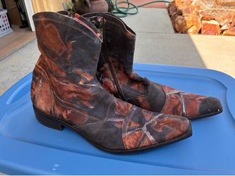 Robert Wayne James ankle boots feature a distinct brown patchwork design with silver cross detailing
