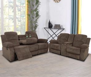 Brown chenille fully reclining couch and love seat