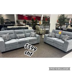 2PC LIGHT GRAY Fabric Cushioned Arm Sofa Set