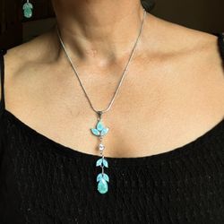 Natural Peruvian Amazonite 3" Pendant Necklace & Earrings On Silver 24" Aquamarine Green. 

Amazonite raindrops quiver on leafy branches. Exquisite! 