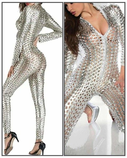 NEW METALLIC SILVER CATSUIT BODYSUIT SNAKESKIN CUTOUT ONE SIZE STRETCHY ONESIE HALLOWEEN COSTUME