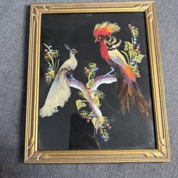 Mexican Feathercraft Painting/Hand-Painted/Handmade/Framed Vintage 1950
