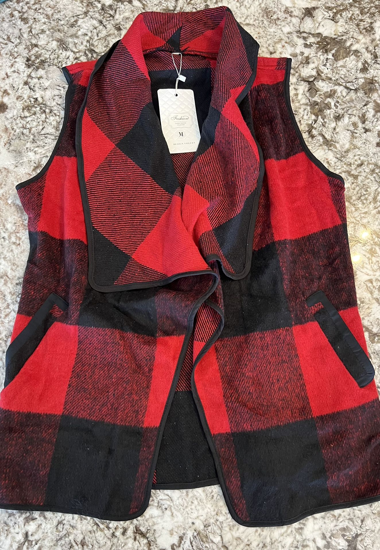 M NEW Women Vest Lapel Open Front Buffalo Plaid Sleeveless Cardigan Jacket Coat