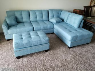 Blue denim sofa sectional with ottoman new in boxes 104x75