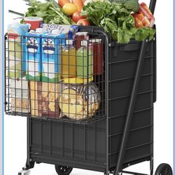 SONGMICS Foldable Shopping Cart, Heavy Duty Grocery Cart with 360° Swivel Wheels, Oxford Fabric Bag, Removable Basket, Utility Shopping Cart, Picnic, 