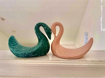 Pair of Ceramic Swan Figurines - Teal Marble & Blush Pink