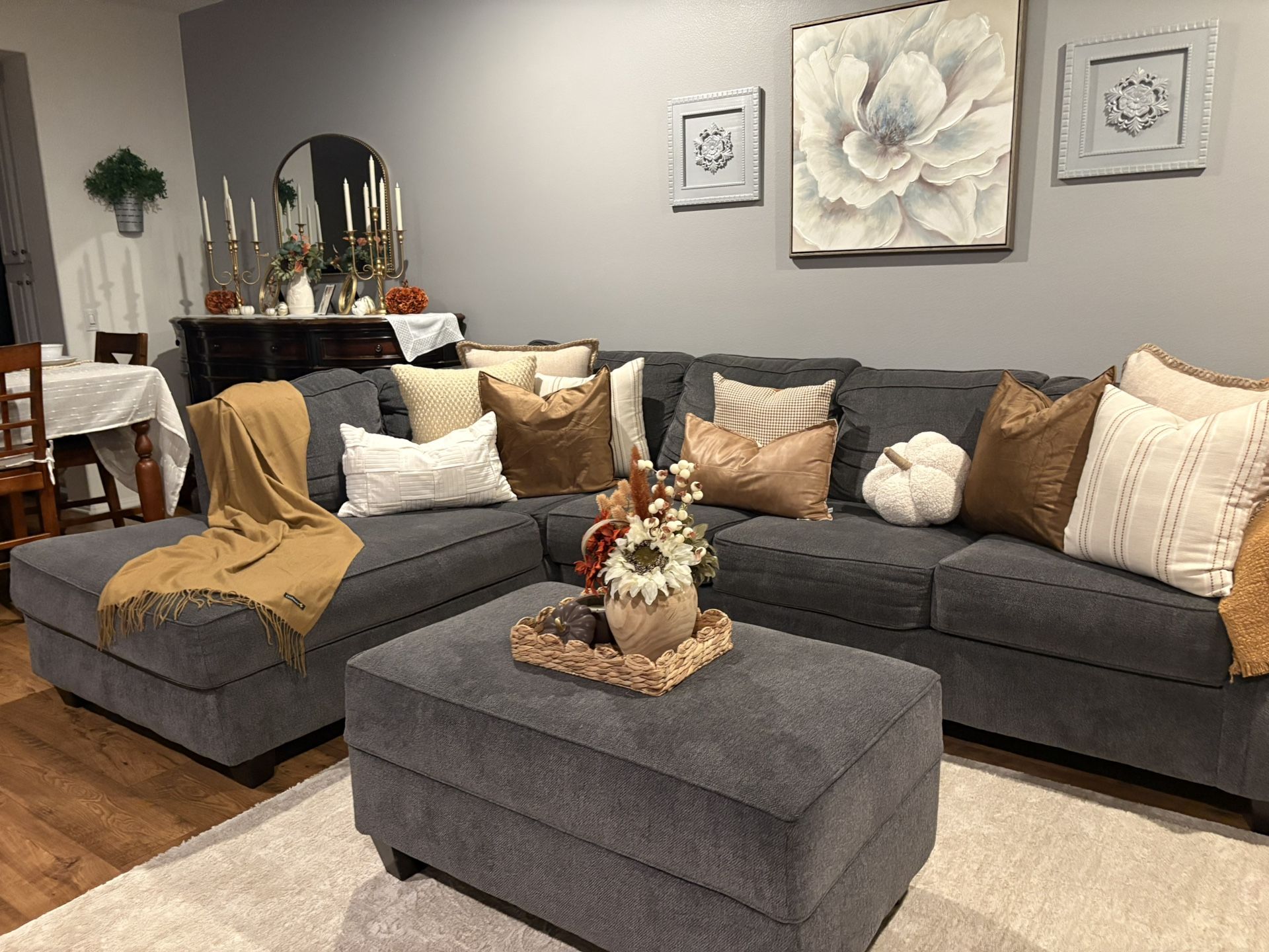 Comfortable Grey Sectional Sofa + Ottoman 