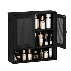 DongRong Rattan Bathroom Wall Cabinet, Double Door, Black - New