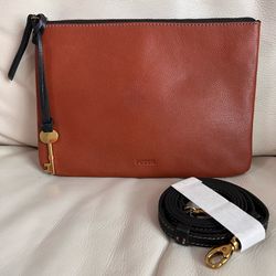 Fossil Women's Pebbled Leather Crossbody Burnt Orange Detachable Black Strap NEW
