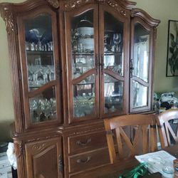 China Cabinet With Lights And Beveled Glass On Door Panels Glass Shelve Inside