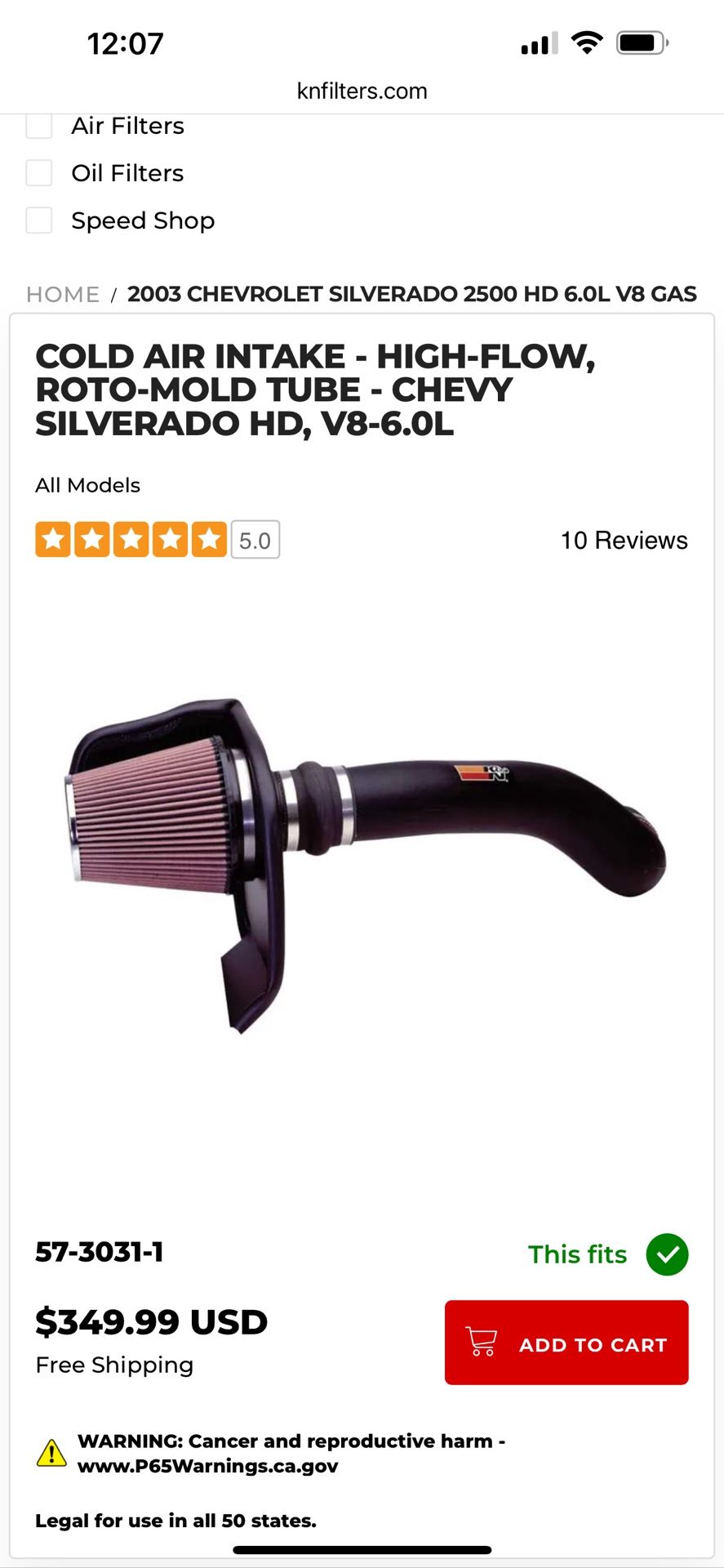 K&N Intake Chevy 6.0 Engine 2001-2007