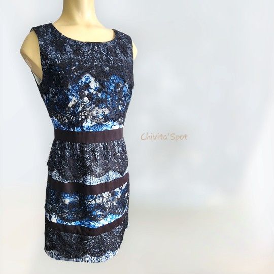 BCBGMaxazria Makenna Sleeveless Layered Black Lace Overlay Blue Print Dress 04