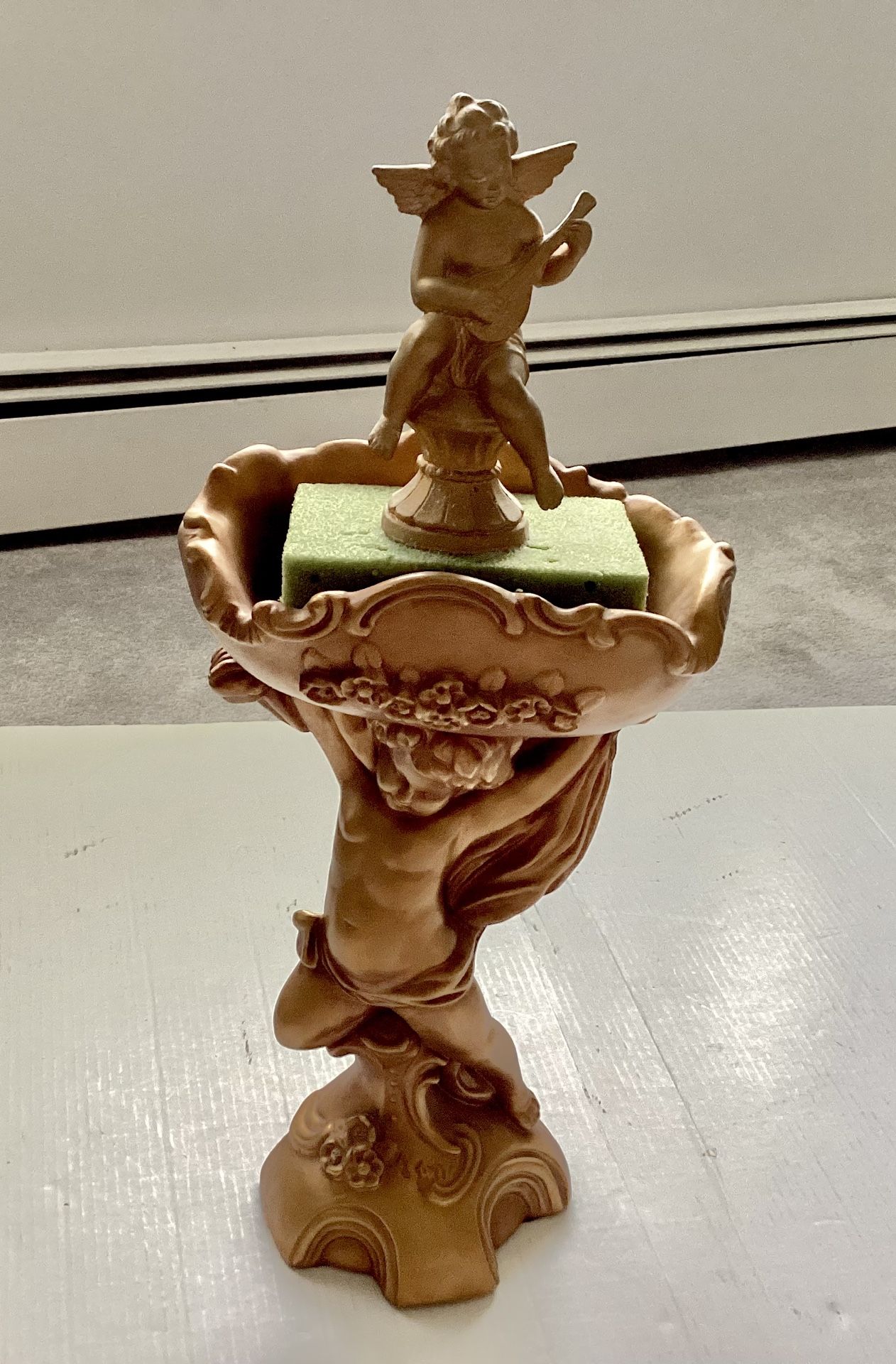 MCM Chalkware Plaster Cherub Statue 1950s Angel Planter Trinket Holder 17” Tall X Top Angel Hollywood Regency Style