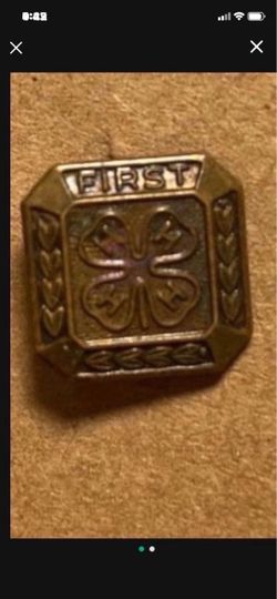 Vintage Bronze Square Small 4-H Club Pin Metal FIRST Mini Tiny Clover 4 H