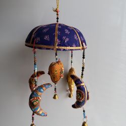 Vintage Bohemian Baby Mobile Needlepoint Hanging  Nursery Decor Boho Moon Stars