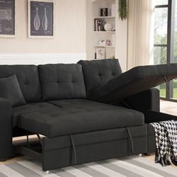 Black Linen Sectional Sofa W/storage Chaise And Pullout Bed