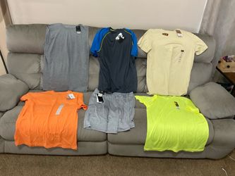 5 Brand new men’s athletic shirts size L & 1 pair new shorts size M - all with tags