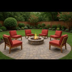 Set of 6 - Outdoor Patio Acacia Wood Armless Chairs w/ Red Cushions [NEW] **Retails for $1500