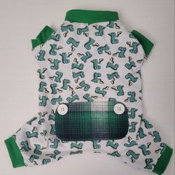 Small Dinosaur Pajama Pet Costume Pet Central White Green With Plaid Bum 10"