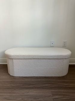 White Bouclé Storage Bench with Hidden Storage – Modern Ottoman
