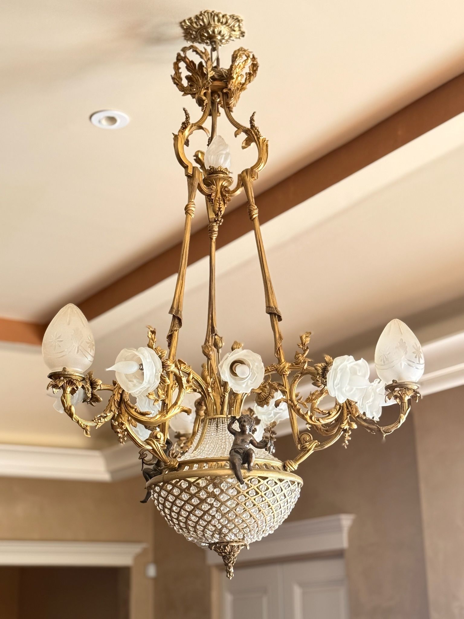 Antique Rare Circa 1900 Cherub Gilt Bronze French Empire Crystal Chandelier 2 avail