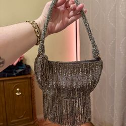 Anthropologie Silver Beaded Fringe Shoulder Bag