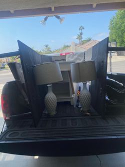 Lamps, nightstands, headboard