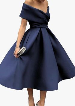 Navy Blue Off the Shoulder Satin Prom Dress Simple Tea Length Maxi Cocktail Party Gown with Pockets