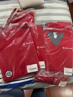 Dignity Health Red Medical Scrub Tops(3) bottoms(3) sweater(1) (Lot)
