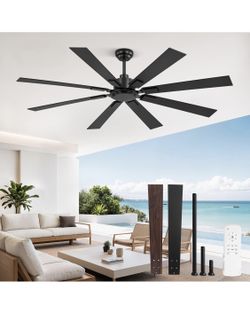 Brand New 65 Inch Outdoor Ceiling Fans No Light with Remote, Damp-Rated Black Modern Ceiling Fan Without Light, 6-Speed Reversible DC Motor, Humidity-