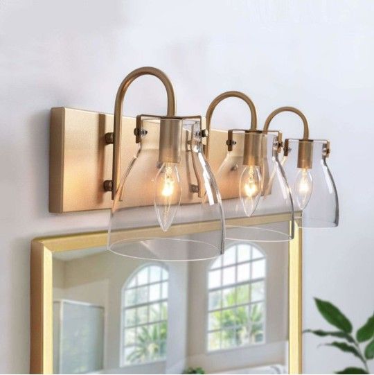 New 3-Light Gold Vanity Bathroom Fixture – Clear Glass Shades – Modern Design