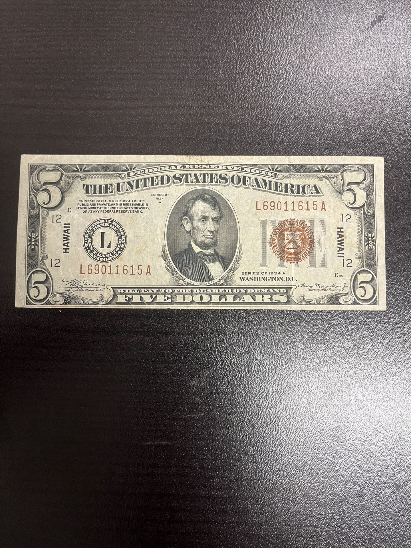 1934 $5 Hawaii Crisp Nice Condition