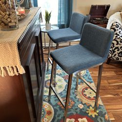 $20 - 2 Cerulean Blue And Upholstered Silver Barstools