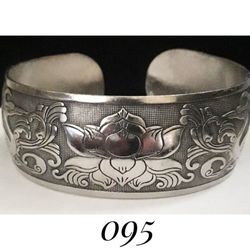 8" Tibetan Silver Handcrafted Repouse Lotus Flower & Crane Cuff Bracelet, Made in Tibet