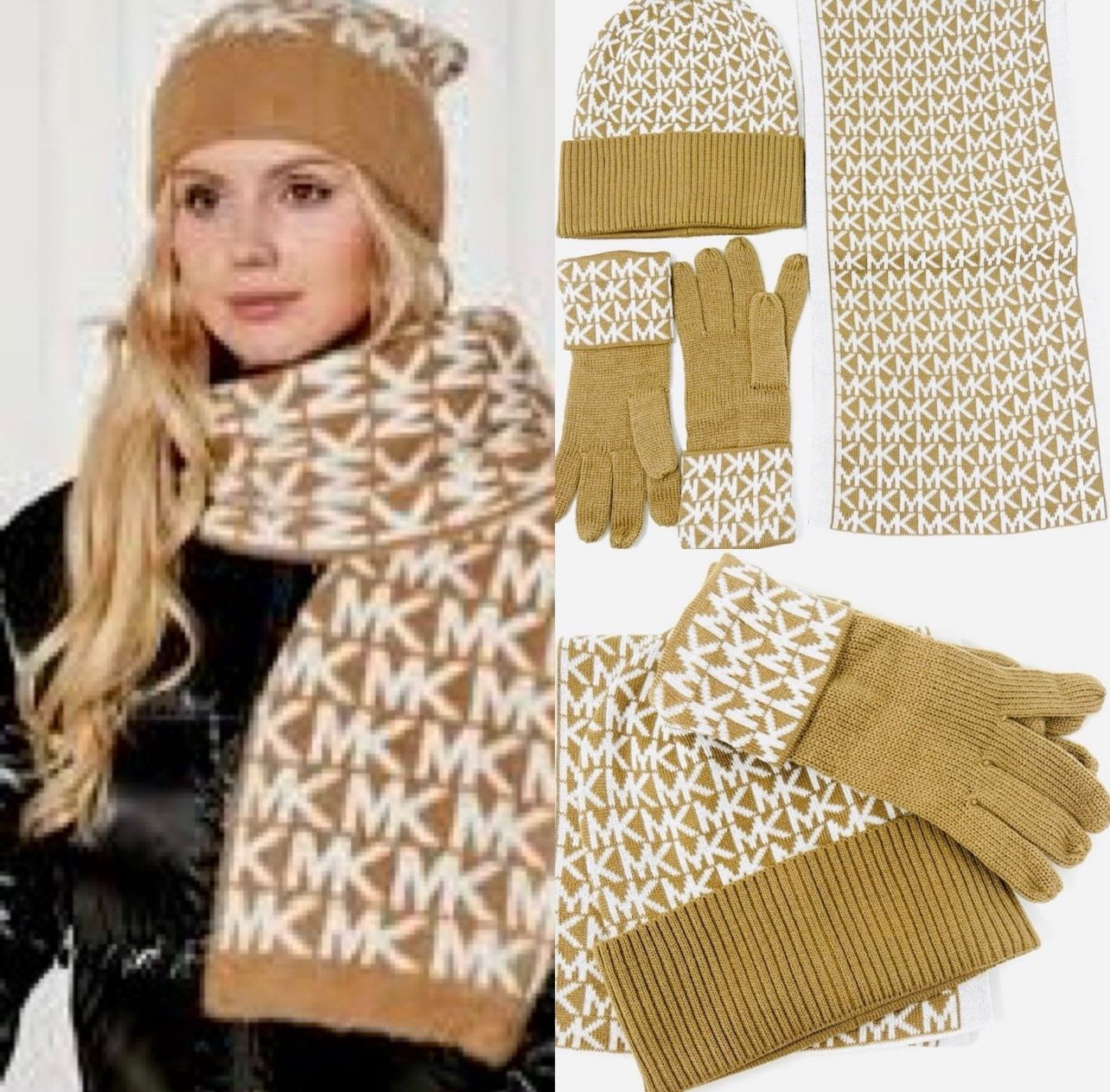 Michael Kors MK NWT Logo Knit 3-Piece Gift Box Set Scarf, Hat & Gloves, Camel