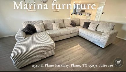 Large Gray Corduroy Sectional Sofa with Chaise