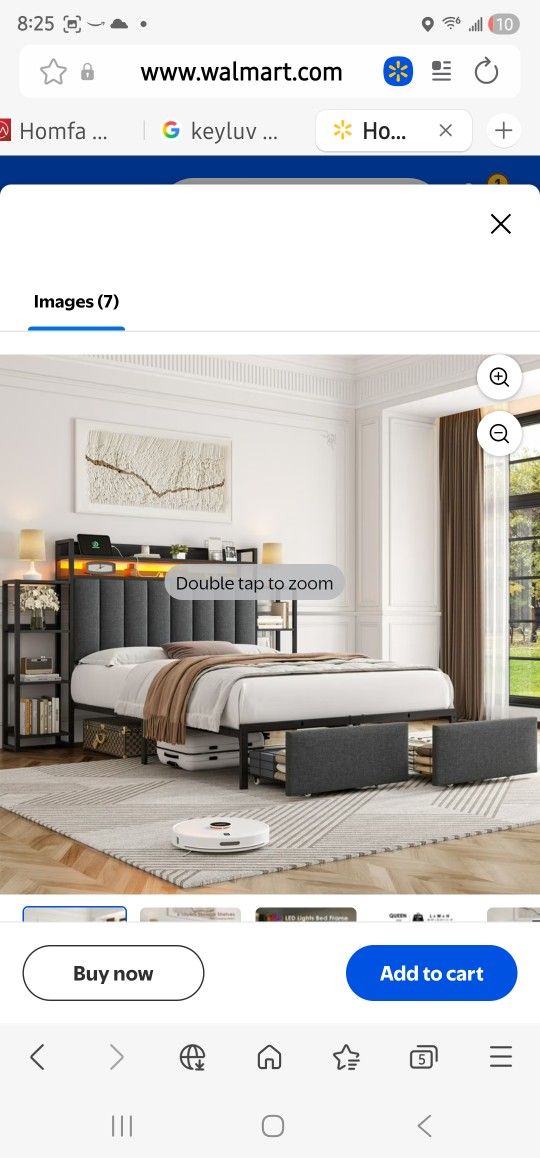 Keyluv Homfa Queen Metal Bed Frame with Drawer and LED Lights, Platform Bed with Charging Station and Side Shelves, Linen Grey