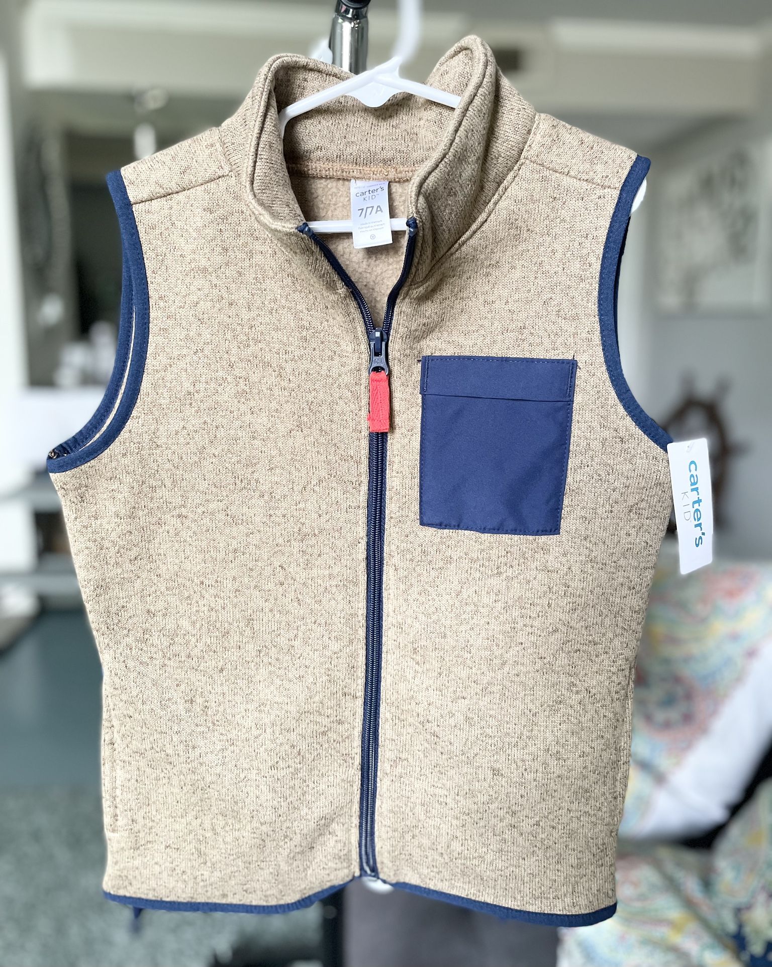 Carter’s KID Boys Size 7 Zip-up Vest In Brown And Navy NEW!! NWT