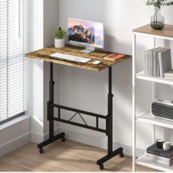 Small Standing Desk Adjustable Height, Mobile Table with Wheels, Portable Laptop Table, Brown New
